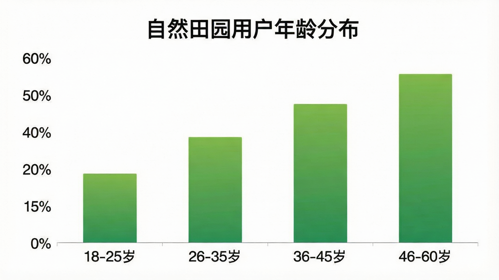 一张展示“自然田园”APP用户年龄分布的柱状图生图,图表标题为“自然田园用户年龄分布”,横轴为年龄段“18-25岁”“26-35岁”“36-45岁”“46-60岁”,纵轴为百分比,柱状图颜色为绿色渐变,背景干净白色,风格简洁专业,画质清晰,文字清晰,无多余元素