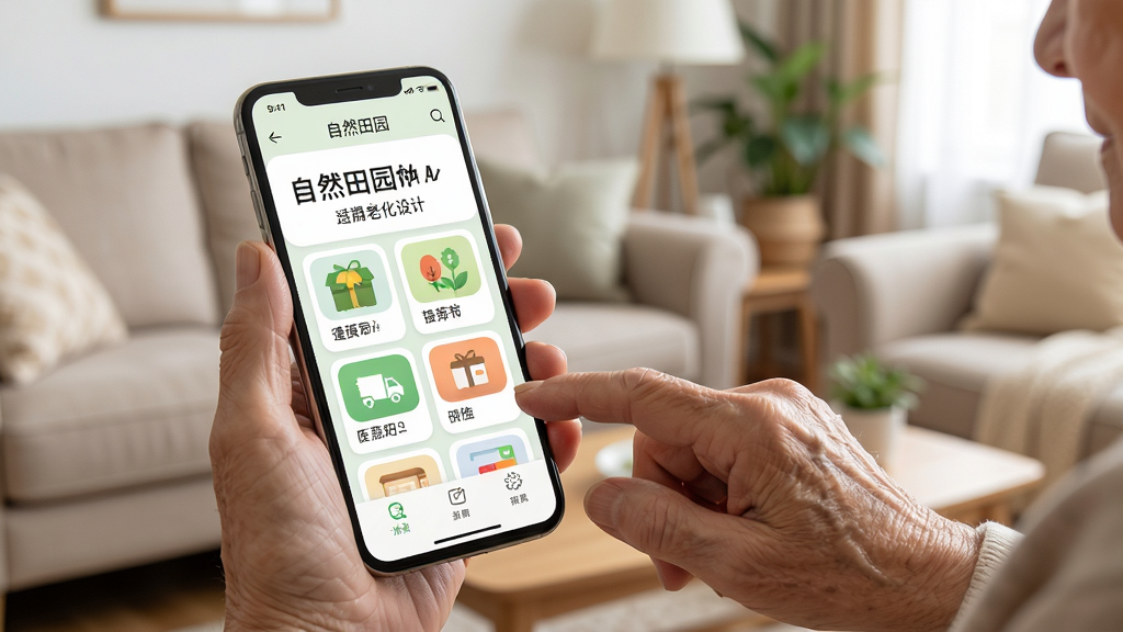 一张展示“自然田园”APP适老化设计的生图,画面中一部手机屏幕显示大字体、大图标的购物界面,旁边有一双老年人的手在操作,背景是家庭客厅的温馨场景,风格简洁明了,画质干净,文字清晰,无多余元素