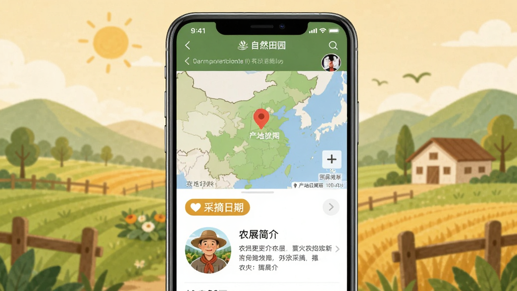 一张展示“自然田园”APP商品详情页的生图,画面主体是手机屏幕,屏幕上显示一款农产品的详情页,包含产地地图标记、采摘日期标签、农户头像和简介,背景是田园风光插画,风格温暖自然,画质干净,文字清晰,无多余元素