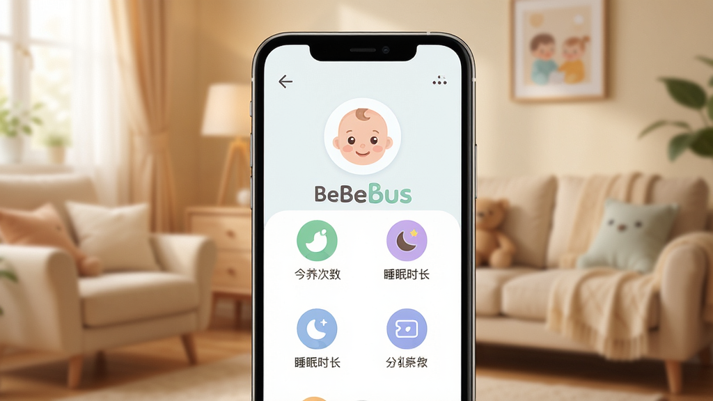 BeBeBus 智能育儿助手 App 主界面展示,画面中央是一部手机,屏幕显示简洁的育儿记录仪表盘,包含宝宝头像、今日喂养次数、睡眠时长等图标,背景是温馨的居家环境虚化处理,色调柔和温暖,风格现代扁平,细节圆润,画质干净,无多余元素