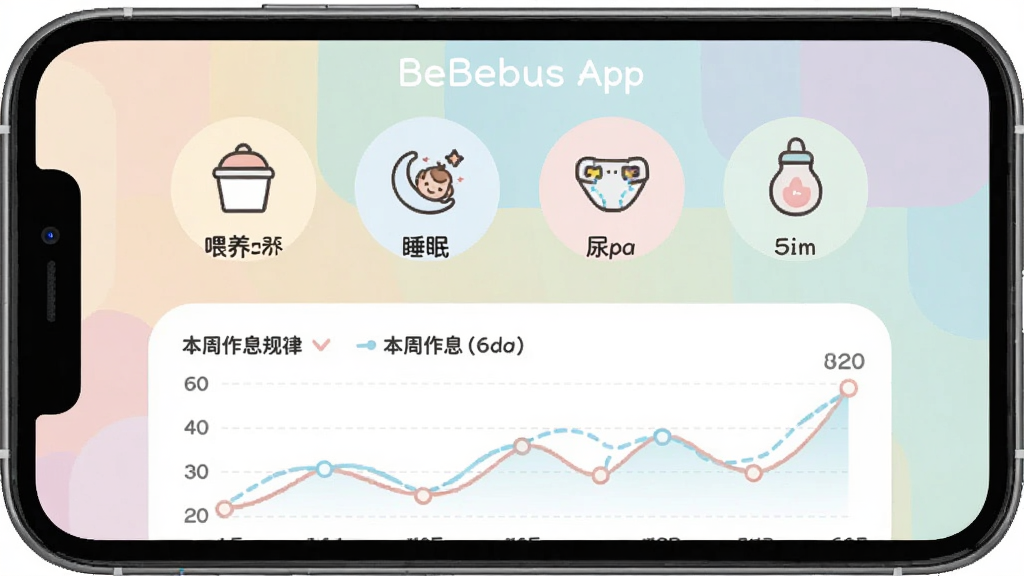 BeBeBus App 育儿记录功能界面,手机屏幕显示喂养、睡眠、尿布等图标按钮,下方是本周作息规律折线图,背景是柔和的马卡龙色块,风格清新可爱,排版清晰,画质干净,无多余元素