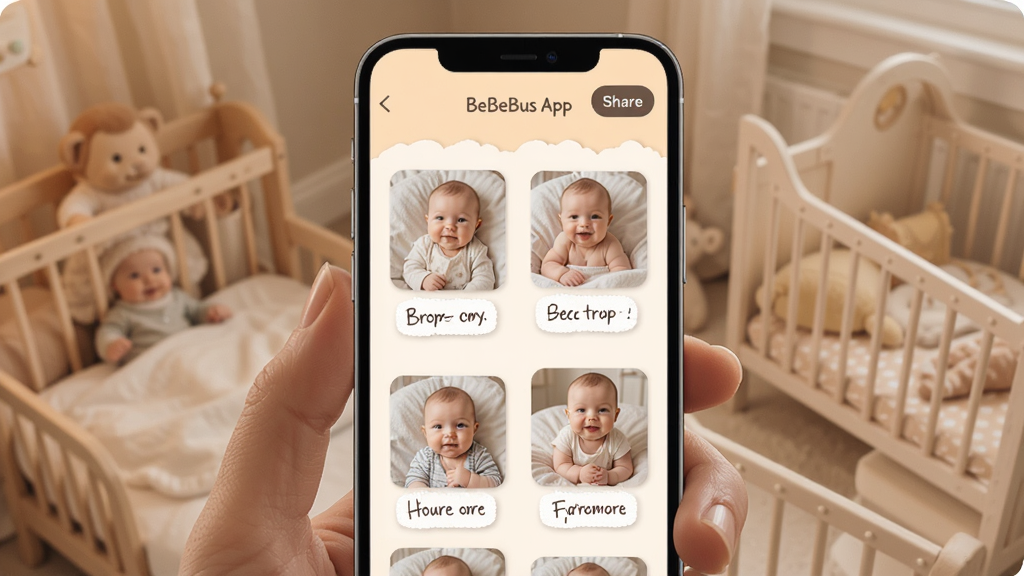 BeBeBus App 成长相册界面,手机屏幕显示时间线排列的宝宝照片,每张照片下方有文字备注,界面顶部有分享按钮,背景是柔和的暖色调,风格温馨家庭感,排版整洁,画质细腻,无多余元素