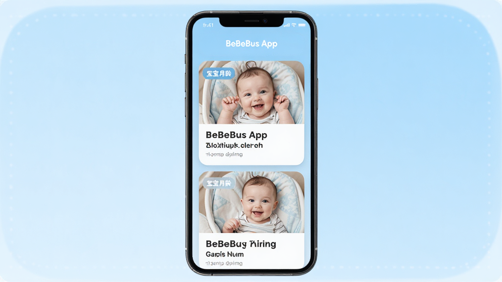 BeBeBus App 育儿知识推送界面,手机屏幕显示卡片式文章列表,卡片上有宝宝月龄标签和文章标题,背景是浅蓝色渐变,风格清爽阅读感,排版舒适,画质清晰,无多余元素