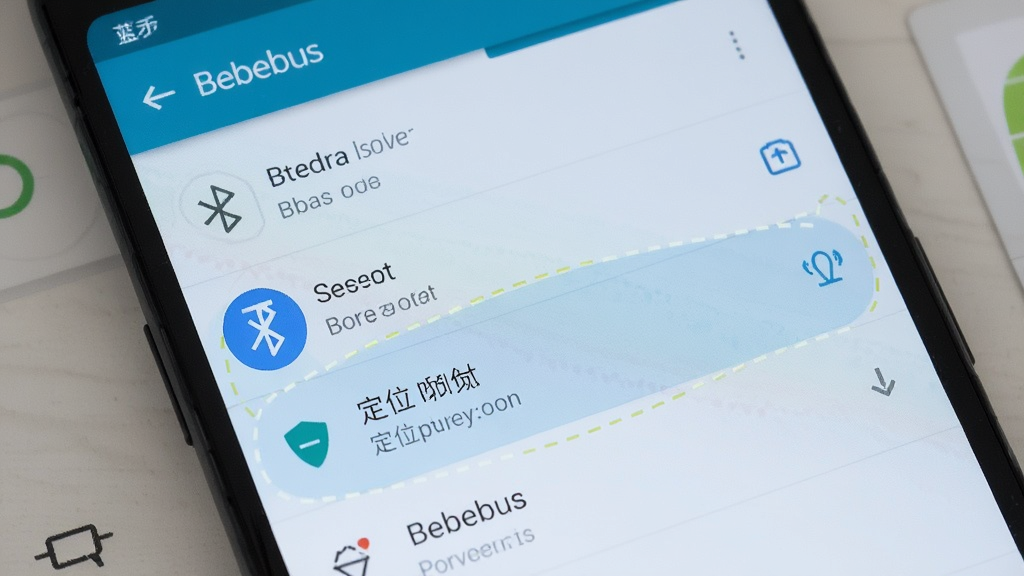 BeBeBus 安卓版 权限设置界面,手机屏幕显示应用权限管理页面,蓝牙和定位权限被高亮标注,背景是简洁的系统设置风格,色调冷静,排版清晰,画质干净,无多余元素