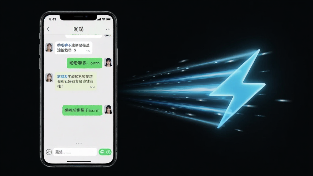 一张表现呦呦聊天极速连接功能的图片,画面左侧是手机显示呦呦聊天界面,右侧是速度线或闪电符号表示快速连接,主体是手机和速度感光效,布局居中,风格科技感但保持简洁,细节上手机屏幕内显示聊天界面,画质清晰干净,无多余元素