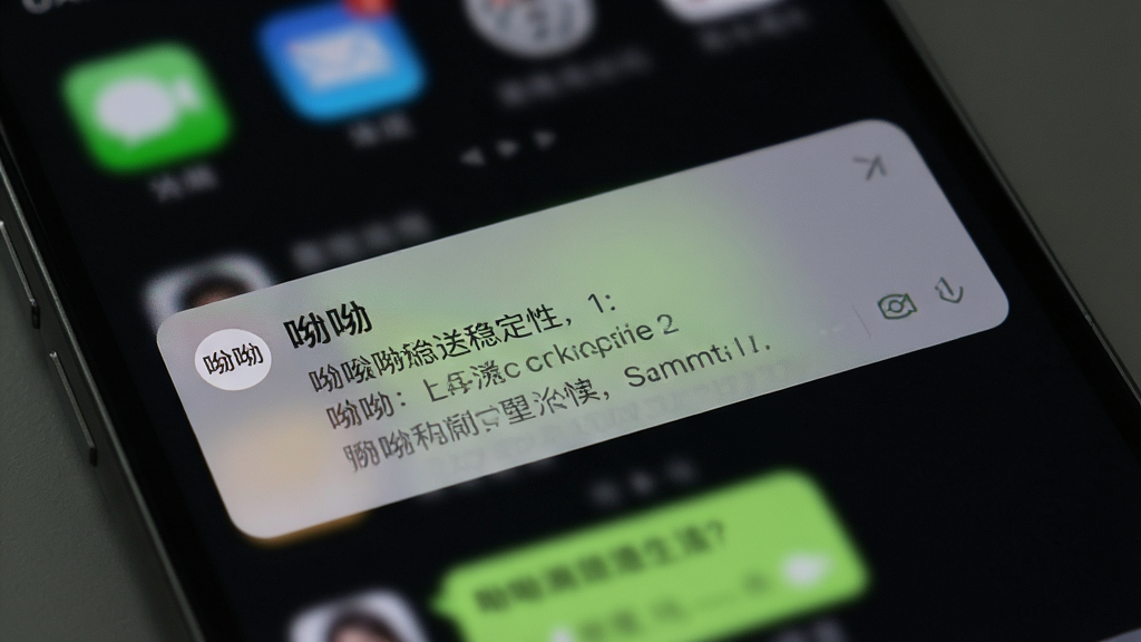 一张展示呦呦聊天消息推送稳定性的图片,画面中一部手机屏幕亮起显示呦呦聊天的新消息通知,通知气泡清晰可见,背景是深色模式下的手机桌面,主体突出通知卡片,布局简洁,风格写实,细节上通知内容显示聊天消息,画质干净无多余元素