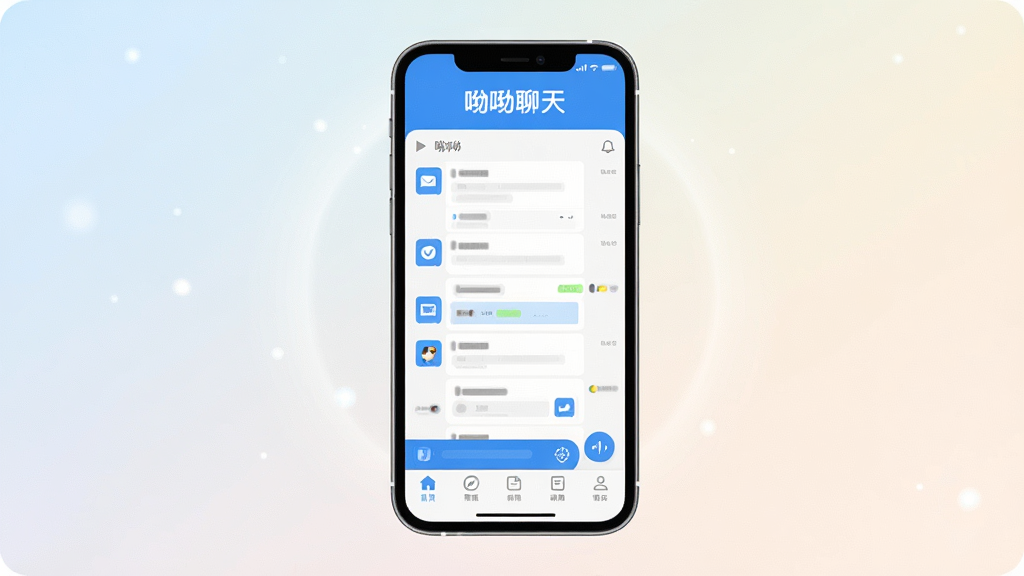 一张展示呦呦聊天软件主界面的图片,画面中央是手机屏幕,屏幕内显示呦呦聊天的聊天列表和底部导航栏,界面简洁清爽,蓝白配色为主,顶部有呦呦聊天的文字logo,背景是柔和的浅色渐变,周围有轻微的光晕效果,风格现代扁平,画质干净清晰,无多余元素