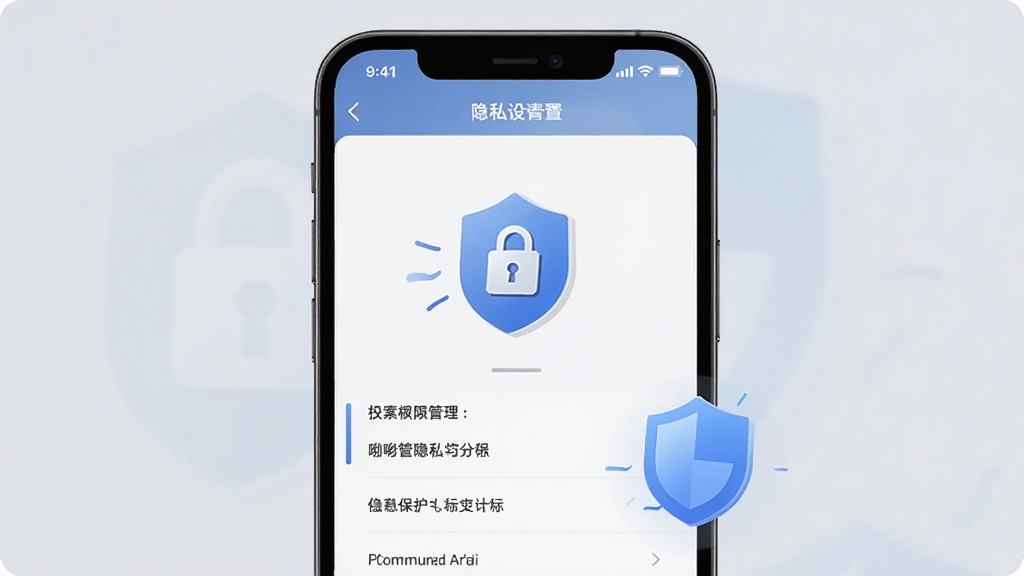 一张展示呦呦聊天隐私保护功能的图片,画面中手机屏幕显示隐私设置页面,有锁形图标和盾牌元素,主体是手机和安全图标,布局居中,风格稳重,细节上屏幕内显示权限管理选项,画质清晰干净无多余元素
