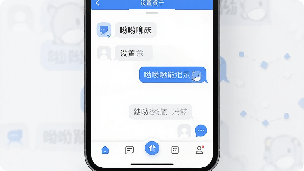 一张展示呦呦聊天界面设计的图片,手机屏幕内显示呦呦聊天的设置页面和底部导航栏,界面元素排列整齐,蓝白配色,主体是手机和界面,布局居中,风格现代扁平,细节上图标圆润文字清晰,画质干净无多余元素