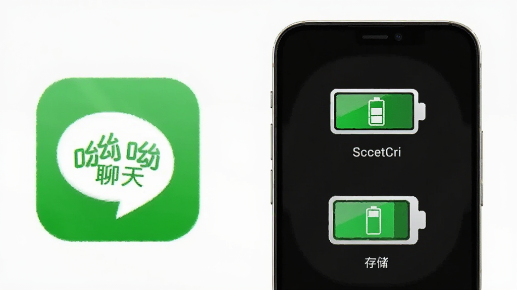 一张表现呦呦聊天轻量省电特点的图片,画面中手机显示电池和存储空间图标,旁边有呦呦聊天的图标,主体是手机和资源占用示意图,布局简洁,风格清爽,细节上电池图标显示绿色,画质干净无多余元素