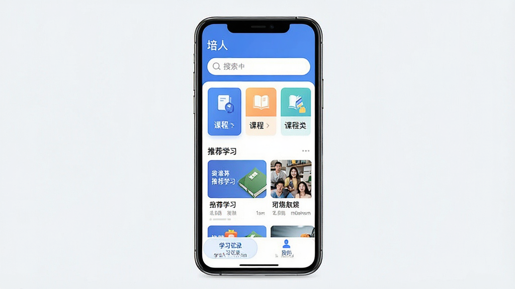 һ��չʾѧϰ��App���Ľ����ͼƬ�������������ֻ���Ļ����Ļ����ʾ�����ˡ�App����ҳ���������������м��ǿγ̷��࿨Ƭ���Ƽ�ѧϰ���ݣ��ײ���ѧϰ��¼���ҵ�����ѡ������岼��������࣬��������ɫΪ��������ִ���ƽ������ɾ��޶���Ԫ�أ���������