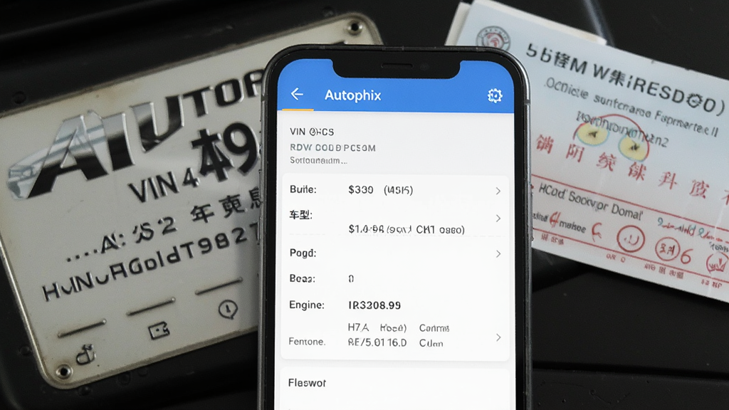 һ��չʾAutophix����������Ϣʶ������ͼƬ���ֻ���Ļ��ʾVIN�������ĳ�����Ϣ������Ʒ�ơ����͡���ݡ��������ͺţ��������������ƺ���ʻ֤����������ˣ�ϸ�����������ʸɾ��޶���Ԫ��