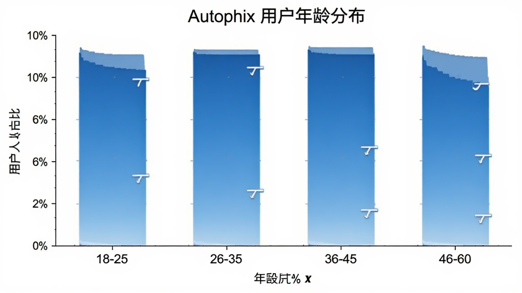 һ��չʾAutophix�û�����ֲ�����״ͼ������Ϊ�����18-25��26-35��36-45��46-60������Ϊ�û�����ռ�ȣ���״ͼ��ʾ26-35��ռ����ߣ������������ˣ���ɫΪ��ɫ���䣬ϸ�����������ʸɾ��޶���Ԫ��