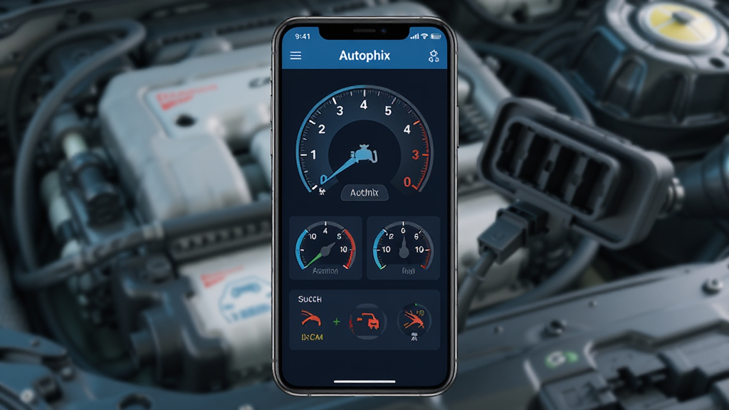 һ��չʾAutophix�ֻ�App�������ͼƬ�������������ֻ���Ļ����Ļ����ʾ�������App���Ǳ��̷����棬�з�����ת�ٱ���ˮ�±�����������ʾ���򣬱�����ģ������������պ�OBD�ӿڣ�����ɫ��Ϊ����ɫ�ͿƼ���������ִ���ƽ����ϸ�����������ʸɾ��޶���Ԫ��