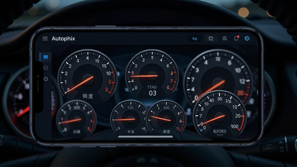 һ��չʾAutophix����ʵʱ��������ؽ����ͼƬ���ֻ���Ļ��ʾ����Ǳ��̣�����ת�١�ˮ�¡����٣�ָ��������������ҹ���г��Ǳ��̵ƹ⣬���Ƽ���ǿ��ϸ�����������ʸɾ��޶���Ԫ��