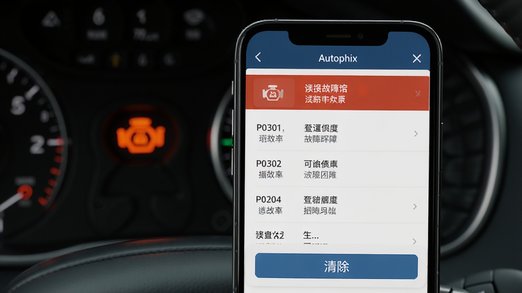 һ��չʾAutophix������ȡ����������ͼƬ���������ֻ���Ļ��ʾOBD�������б�������P0301�ȴ�������Ľ��ͣ��Ա��������ť�������������Ǳ������𷢶������ϵƣ����дʵ�Ƽ��У�ϸ�����������ʸɾ��޶���Ԫ��