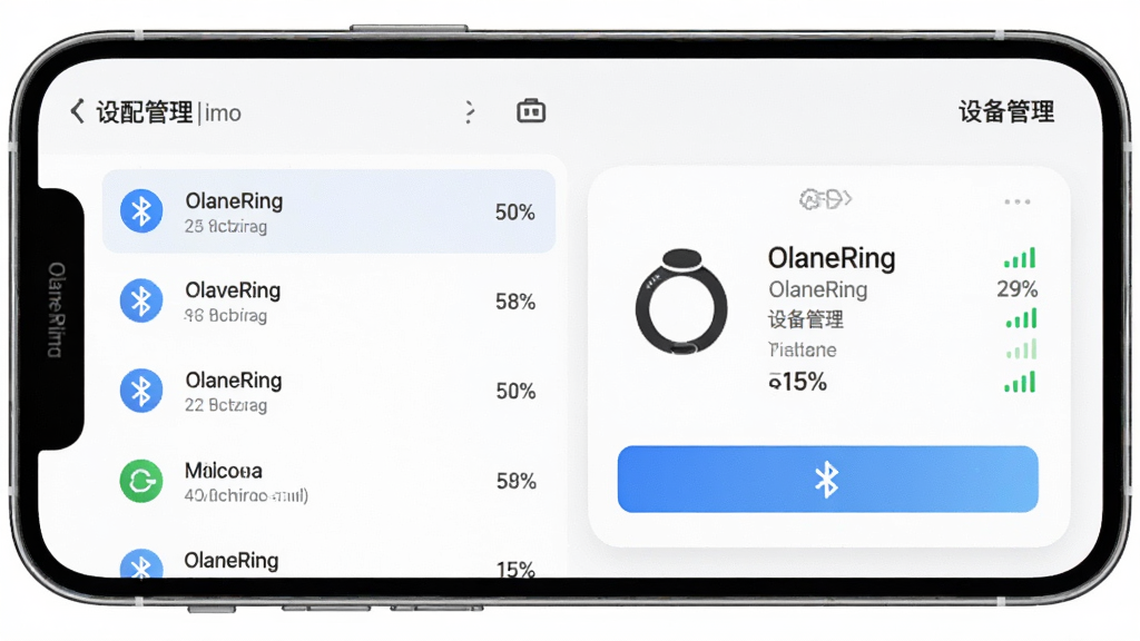 OlaneRing Ӧ���豸���ӹ������棬����Ϊ�ֻ���Ļ��ʾ�����豸�б��ͽ�ָͼ�꣬�������Ϊ������豸�б����Ҳ�Ϊ�豸���鿨Ƭ���Ű����������Լ�Ƽ��У�ϸ�ڰ��������ٷֱȺ��ź�ǿ�ȱ�ʶ�����ʸɾ�������ͼƬ�����ֱ�ע 