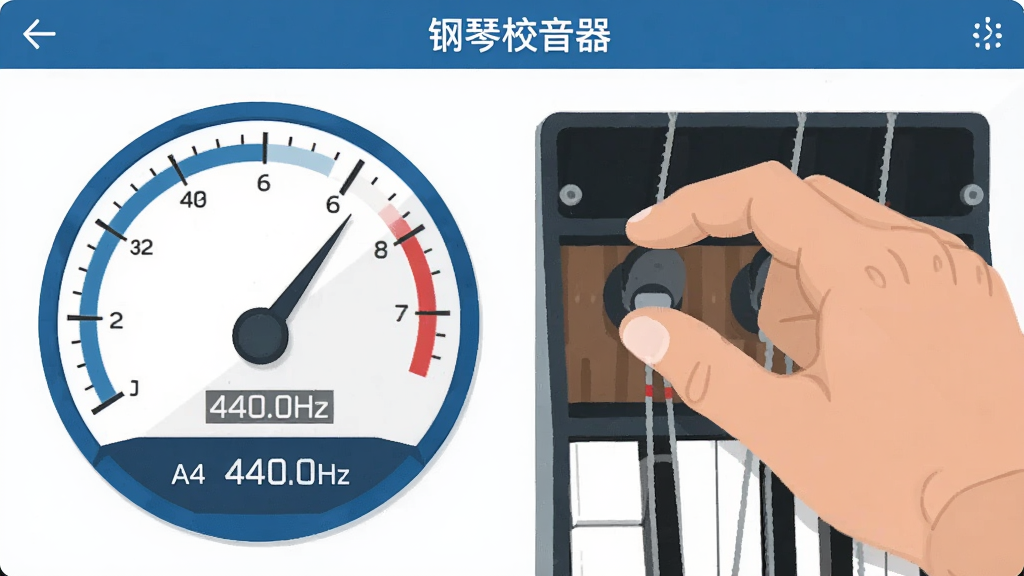 һ�š�����У�������Ľ����ͼ����ʾģ����̺�����Ƶ�ʣ������·��С�A4 440.0Hz���������Ա߻���һֻ�����ڵ��ڸ������ᣬ����ƽ�廭����ɫ����Ϊ�������ʸɾ��޶���Ԫ��