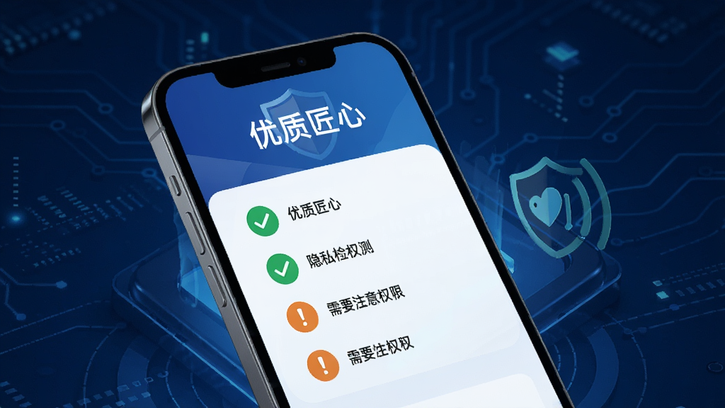一张AI生成的手机安全检测示意图,画面中一部手机屏幕显示“优质匠心”的隐私检测界面,绿色对勾表示安全项,橙色感叹号表示需要注意的权限,背景是深蓝色科技感风格,布局清晰,画质干净,文字包含“优质匠心”