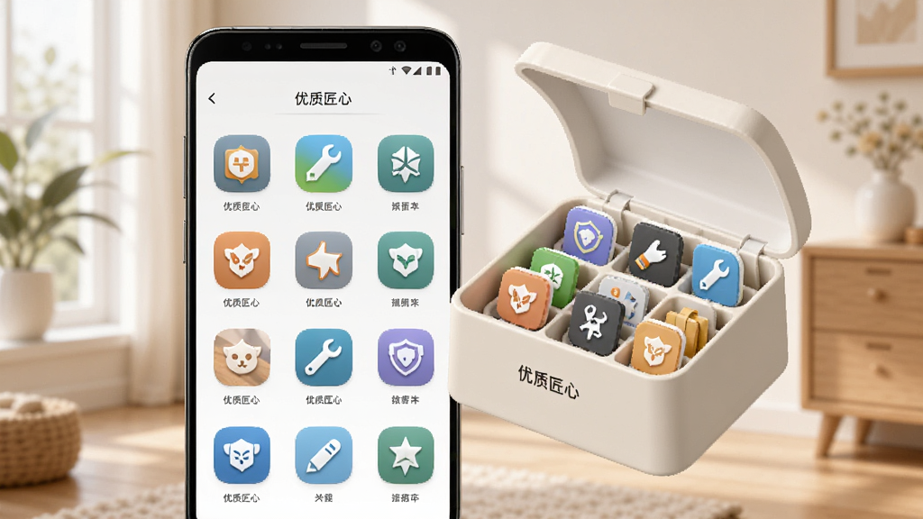 一张AI生成的应用功能展示图,画面中一部安卓手机屏幕里显示“优质匠心”的多个小工具图标整齐排列,旁边有一个虚拟的收纳盒把这些图标收纳在一起,背景是明亮的室内环境,风格温馨简洁,画质干净,文字包含“优质匠心”