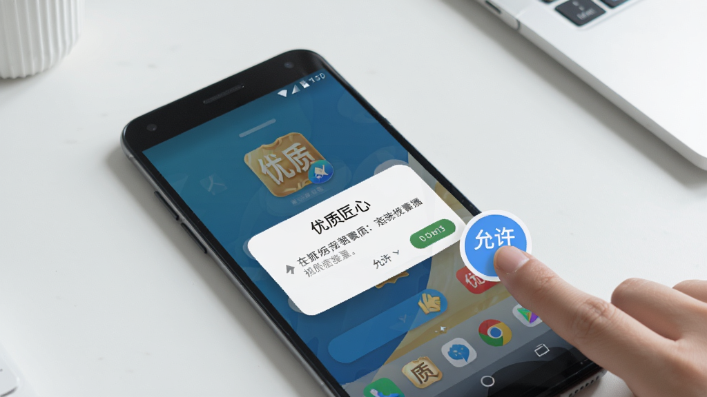 一张手机操作示意图,画面展示一部安卓手机正在安装“优质匠心”App,屏幕上显示权限请求弹窗,旁边有手指点击“允许”的图标,背景是简洁的桌面,风格写实,画质清晰干净,文字包含“优质匠心”