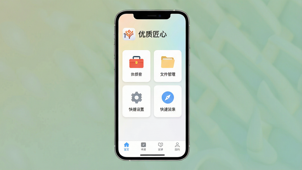 一张手机应用界面展示图,画面中央是“优质匠心”App的主界面,整体采用简洁的卡片式布局,背景是柔和的浅色渐变,顶部显示应用名称“优质匠心”,中间排列着几个功能图标,包括工具箱、文件管理、快捷设置等,底部是导航栏,风格现代扁平化,画质干净清晰,无多余元素,文字使用中文
