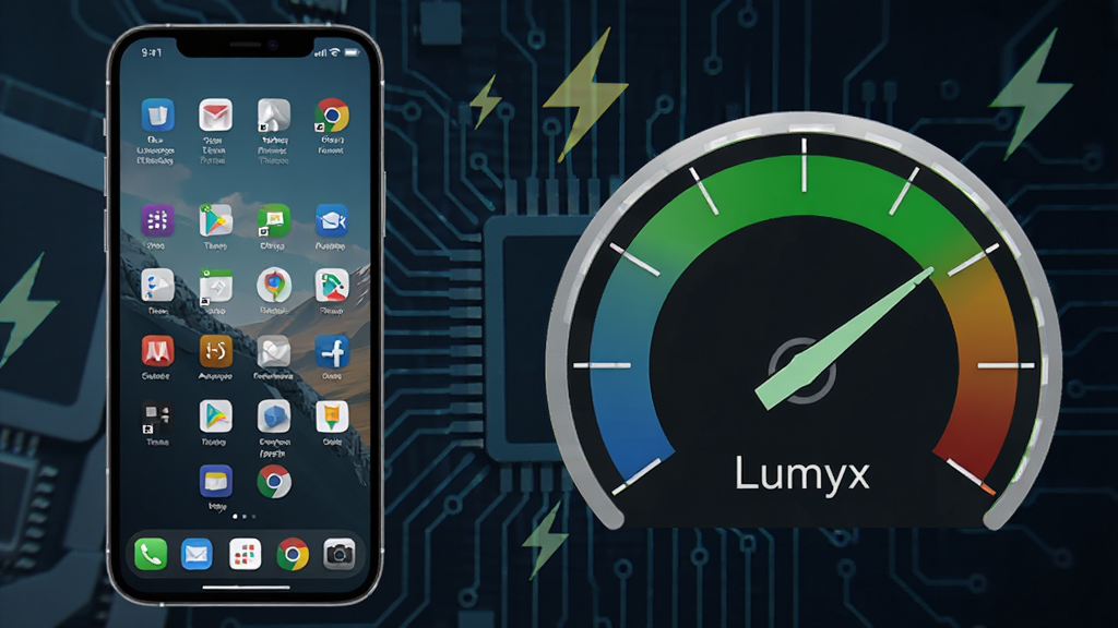 Lumyx��������״̬ʾ��ͼ�����������һ���ֻ�����Ļ����ʾ���������������棬�Ҳ���һ���������ܵ��Ǳ��̣�ָ��ָ����ɫ�������򣬱����ǳ���ĵ�·���������ţ����岼�����ҶԱȣ����Ƽ��У�ϸ�����������ʸɾ����޶���Ԫ��