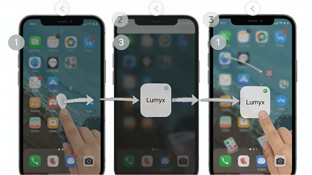 Lumyx����ʹ�ý̳�ʾ��ͼ��������һ���ֻ�����Ļ����ʾ�Ŵӳ������浽ѡ��LumyxС����ٵ���ק������ķֲ�������ͼ��ÿһ������������źͼ�ͷָ���������������ˣ�������ƽ��ϸ�ڵ�λ�����ʸɾ����޶���Ԫ��