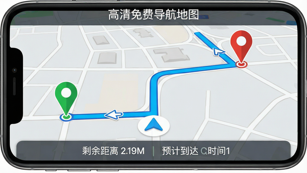 “高清免费导航地图”APP在手机上的导航界面截图,画面中展示了一条清晰的蓝色导航路线,起点和终点用绿色和红色图钉标注,沿途有转向箭头提示,屏幕底部显示剩余距离和预计到达时间,地图背景为浅灰色道路网,风格现代扁平化,细节清晰,画质干净,无多余元素