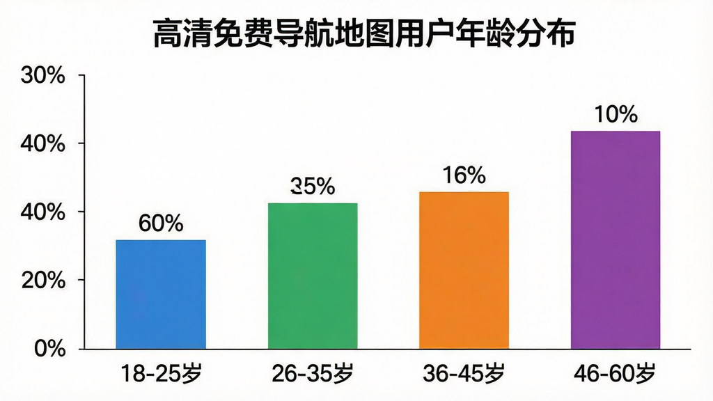 一张柱状图,标题为“高清免费导航地图用户年龄分布”,横轴标注“18-25岁”“26-35岁”“36-45岁”“46-60岁”,纵轴标注百分比,柱状图颜色分别为蓝色、绿色、橙色、紫色,每个柱子上方标注具体百分比数字,背景为白色,风格简洁商务,画质清晰,无多余元素
