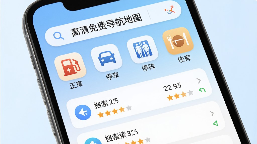 手机屏幕显示“高清免费导航地图”的搜索界面,屏幕上排列着加油站、停车场、厕所、餐厅等快捷图标,下方列出附近搜索结果,每个结果带有距离和评分,界面布局清晰,图标风格简约圆润,背景为淡蓝色渐变,整体干净清爽,画质高清