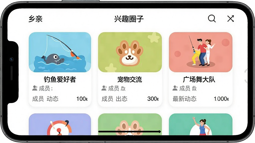 һ�š����ס�APP����ȤȦ�ӽ����ͼ��������ʾһ���ֻ���Ļ����Ļ���ǡ���ȤȦ�ӡ��б�ҳ��ÿ��Ȧ�ӿ�Ƭ����ͼ������ƣ��硰���㰮���ߡ��������ｻ���������㳡���ӡ�����Ƭ�·���ʾ��Ա�������¶�̬�������ã�ɫ�ʷḻ����г�������������޶���Ԫ�ء�