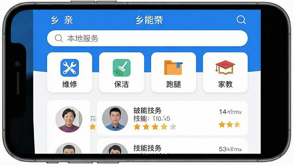 һ�š����ס�APP�ı��ط�������ͼ��������ʾһ���ֻ���Ļ����Ļ���ǡ����ط���ҳ�棬�������������·�����չʾ�ˡ�ά�ޡ��������ࡱ�������ȡ������ҽ̡���ͼ�ꡣ�м������з������б�����ʾͷ�񡢼��ܺ����֡������ʵ�ã�����ɫ�Ͱ�ɫΪ�������ʸɾ����޶���Ԫ�ء�