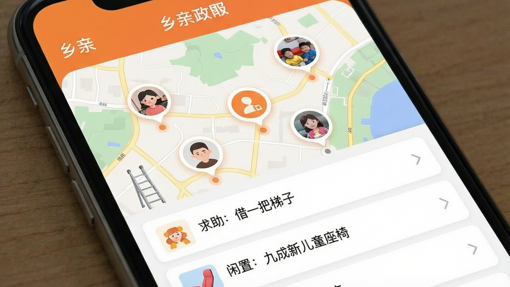 һ�š����ס�APP�Ĺ��ܽ����ͼ��������ʾһ���ֻ���Ļ����Ļ���ǡ������������¡�����ҳ�棬��ͼ��ɢ���ż����û�ͷ�����ݣ��·��б���ʾ�š���������һ�����ӡ��������ã��ų��¶�ͯ���Ρ�����Ϣ��Ƭ����������ܰ���Գ�ɫ�Ͱ�ɫΪ�����������������ʸɾ����޶���Ԫ�ء�