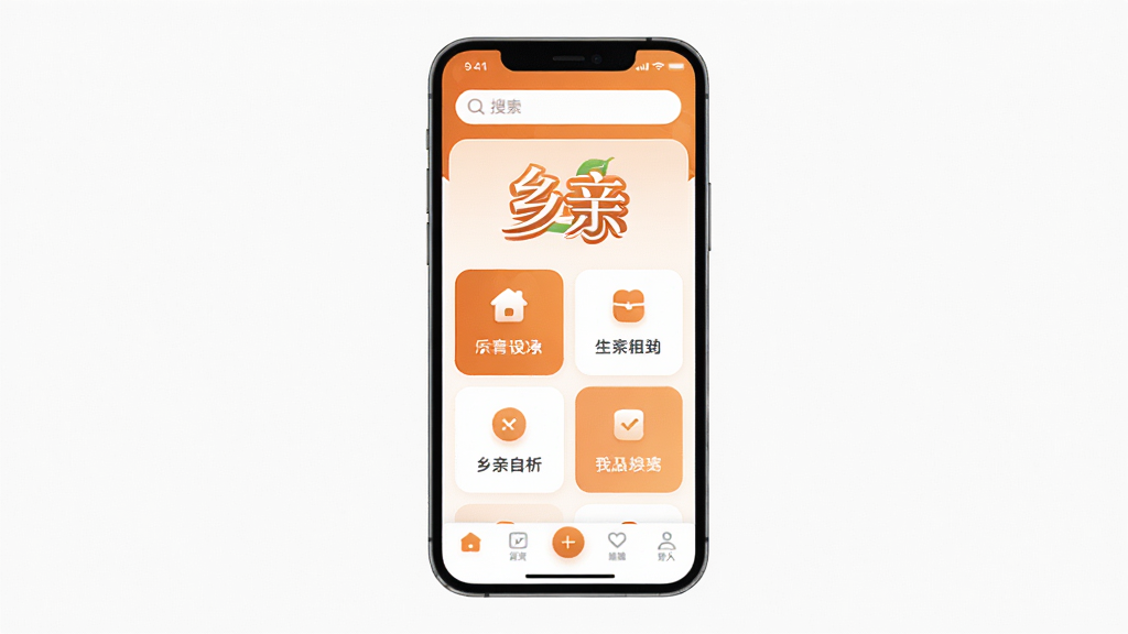 һ����Ϊ�����ס����ֻ�APP������չʾͼ������������һ����ˬ�������ֻ���Ļ����Ļ����ʾ�š����ס���logo�����֡����沼�ּ�࣬����ů�ĳ�ɫ�Ͱ�ɫΪ��ɫ�������������������м��ǹ��ܿ�Ƭ���ײ��ǵ����������Ϊ�ִ���ƽ����ƣ�ϸ��Բ�󡣻��������ɾ����޶���Ԫ�ء�