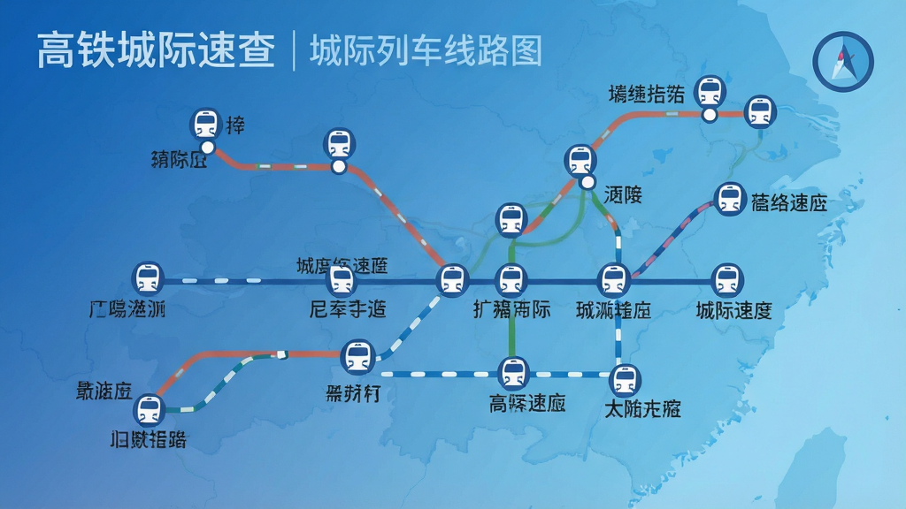 高铁城际速查 城际列车线路图 显示多条城际线路连接不同城市 高铁图标 简洁地图风格 蓝色渐变背景 城市节点清晰 现代扁平化设计 干净无多余元素