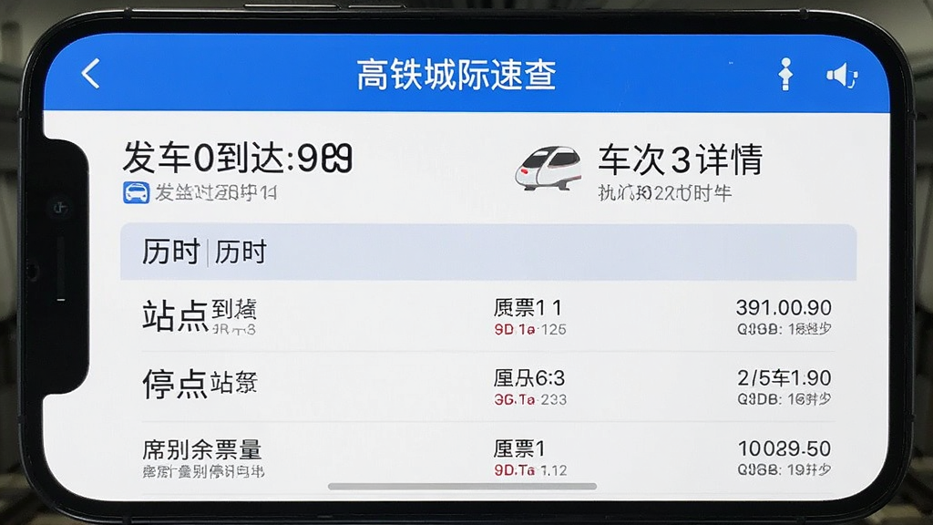 高铁城际速查 车次详情页面 显示发车到达时间 历时 经停站点列表 各席别余票数量 信息层次分明 手机界面截图风格 蓝白主色调 文字清晰 布局规整