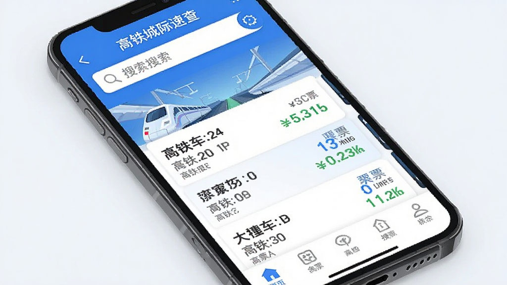 高铁城际速查 手机应用主界面 蓝白配色 顶部搜索栏 中间显示高铁车次列表 余票信息清晰可见 底部导航栏 整体风格简洁现代 扁平化设计 干净清爽 无多余元素