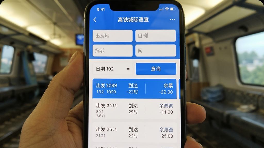 高铁城际速查 查询界面 出发地和目的地输入框 日期选择器 查询按钮 下方展示车次列表 每趟车显示出发时间到达时间和余票数量 蓝白配色 界面整洁 手机屏幕截图风格