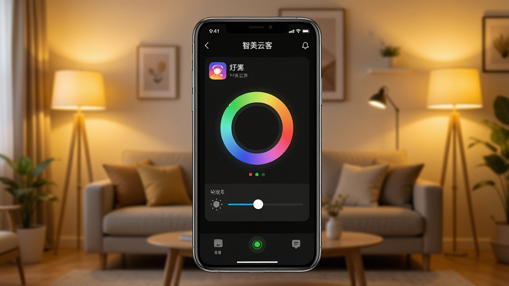 �����ƿ�App������չʾ������������һ�������ֻ�����Ļ��ʾ�����ƿ�App�ĵƹ������壬��������ɫģʽΪ��������ɫ��Բ�������Ȼ��飬��������ܰ�Ŀ����������ƹ����ů��ɫ��������ͻ���ֻ���Ļ�����ֲ��þ��й�ͼ���Ű������ˣ�����ִ��Ƽ��У�ϸ�ڰ���Appͼ�������״ָ̬ʾ�ƣ����ʸ���ɾ��޶���Ԫ��