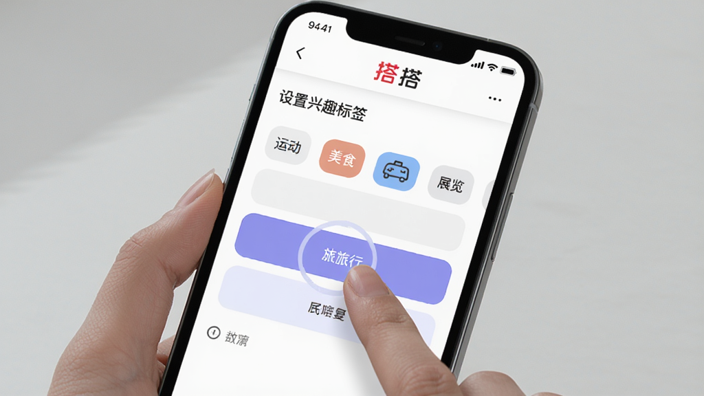 �д�App�����������棬�ֻ���Ļ��ʾ������Ȥ��ǩ��ҳ�棬���˶�����ʳ�����С�չ���ȱ�ǩ��ť���û����ڵ��ѡ�񣬽����࣬�д�Logo�ڶ������ɾ��޶���Ԫ�أ����廭��