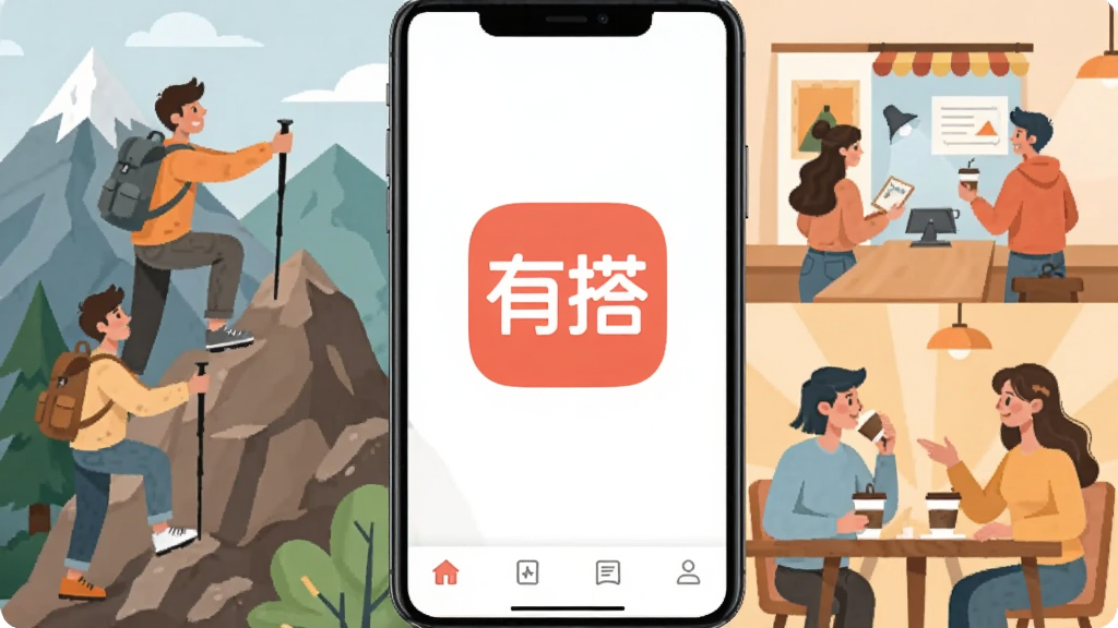 �д�App������չʾ���ֻ���Ļ������ʾ���дLogo��������������һ����ɽ����չ���ȿ��ȵĲ廭ƴ����񣬵ײ�����������������ɫ����ů��������ƽ����ƣ��ɾ��޶���Ԫ�أ����廭��