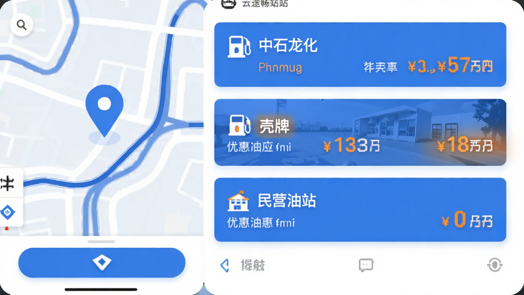 ��;����App��ҳչʾ������վ�б�������ǵ�ͼ��λͼ��͵�·�������Ҳ���������վ��Ƭ����Ƭ�Ϸֱ�д�š���ʯ���������ơ�����Ӫ��վ������עÿ���Żݽ��ײ��е�����ť�����Ϊ��ƽ����Ϣͼ����ƣ���ɫ������Ϊ������׺��ɫ�������֣����ʸɾ��޶���Ԫ��