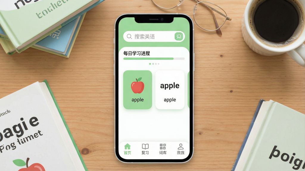 һ���ֻ���Ļ��д����Ļ������ʾ����ѿӢ�APP�������棬������Ƽ�����£���ǳ��ɫ�Ͱ�ɫΪ��ɫ�����������������ÿ��ѧϰ���������м��ǵ��ʿ�Ƭչʾ������Ƭ��д��Ӣ�ĵ��ʡ�apple�����������壬�ײ����ĸ�����ͼ��ֱ�����ҳ����ϰ���ʿ���ҵģ��ֻ���Χɢ���ż���Ӣ�����һ�����ȣ�������ľ�����棬����ִ���ƽ����ϸ��Բ�󣬻��ʸɾ��������޶���Ԫ��