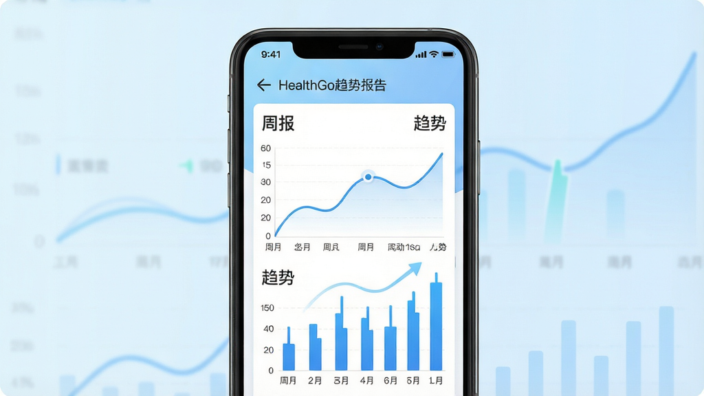 HealthGo���Ʊ�����棬�����������ֻ���Ļ��ʾ����ͼ����״ͼ����ע