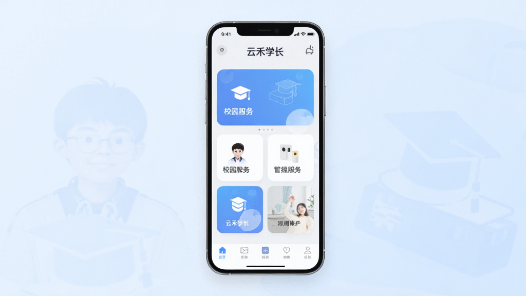 һ��չʾ���ƺ�ѧ����App���Ľ�����ֻ�����ͼ�������������ֻ���Ļ����Ļ����ʾApp��ҳ�������С��ƺ�ѧ�������ֱ�ʶ���м���У԰�����ܿ�Ƭ���ײ��ǵ������������Ǹɾ���ǳ��ɫ���䣬����ִ���Լ�������������޶���Ԫ��