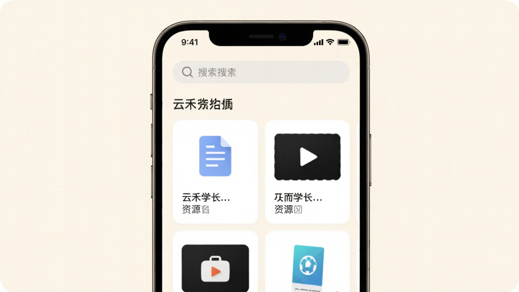 һ��չʾ���ƺ�ѧ����App��ѧϰ��Դ����ҳ���ͼƬ���������ֻ���Ļ����Ļ����ʾ������������Դ��Ƭ�����ĵ�����Ƶͼ�꣬�����������򣬱�������͵��װ�ɫ��������£����ʸɾ����޶���Ԫ��