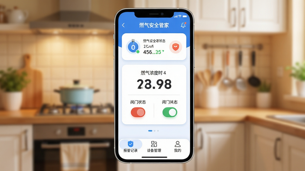 ȼ����ȫ�ܼ�Ӧ��������ȫòչʾ�������������ֻ���Ļ����Ļ����ʾȼ����ȫ�ܼ�APP��ҳ��������ȼ���豸����״̬��Ƭ���м���ȼ��Ũ��ʵʱ��ֵ�ͷ��ſ���״̬���ײ��б�����¼���豸�������ҵ�����ѡ�����������ܰ�ĳ��������黯����������ִ���ƽ����������ɫ����ϸ��Բ�����������ʸɾ��޶���Ԫ��