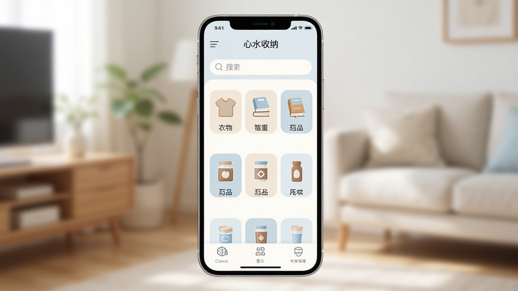���廭����һ���ֻ���Ļչʾͼ����Ļ������ʾ����ˮ���ɡ�App�������棬���沼���������Ϸ������������м��Ƿ������񣬰�������鼮��ҩƷ��ͼ�꣬ɫ������͵��װ׺͵���Ϊ����������¼�Լ���������黯�ļҾӻ�����������Ȼ���������ʸɾ��������޶���Ԫ��