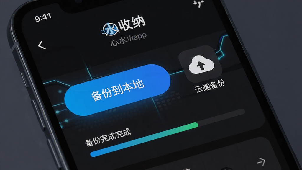 ����չʾ����ˮ���ɡ�App�����ݱ������ý��棬�ֻ���Ļ��д����������һ�����۵ġ����ݵ����ء���ť��һ���ƶ���״�ġ��ƶ˱��ݡ�ͼ�꣬�·��н�������ʾ������ɣ���������ɫģʽ�����Ƽ��У������������޶�������